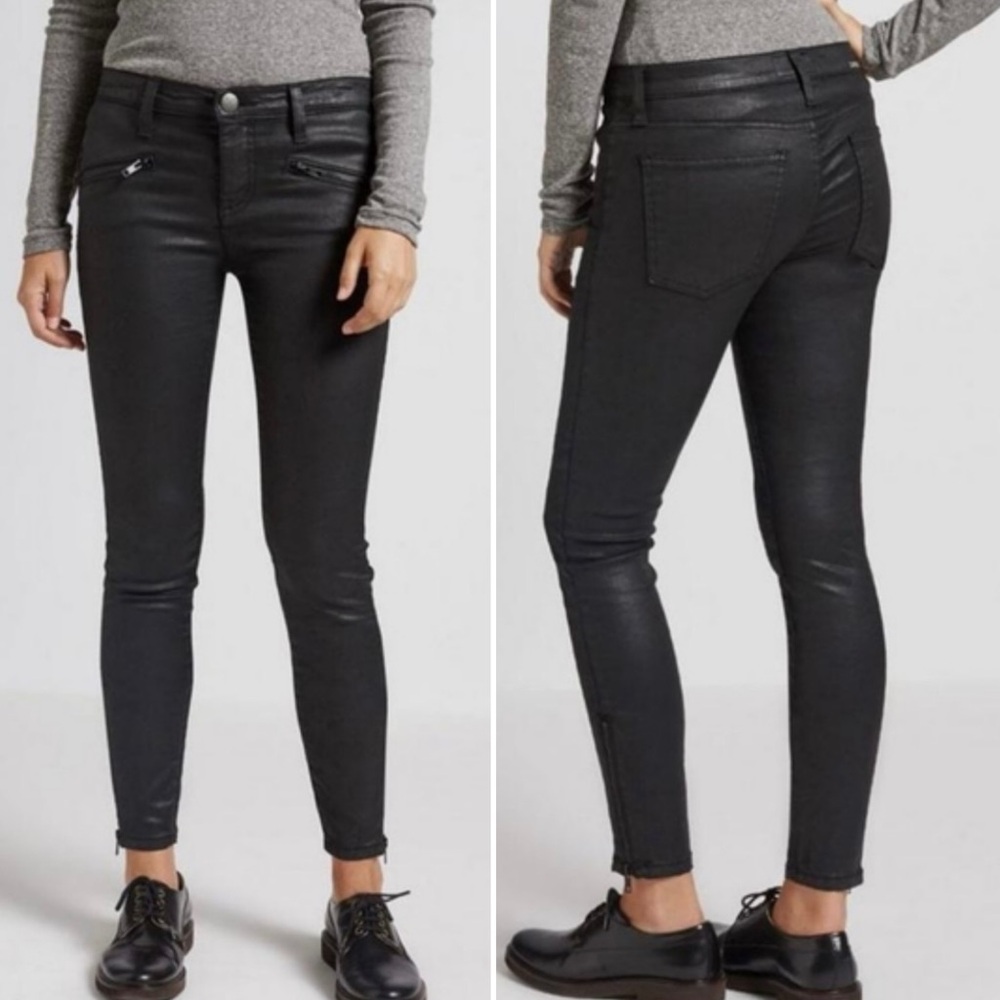 Current/Elliott The Stiletto Biker Zipper Black Coated Cropped Jeans Size 26